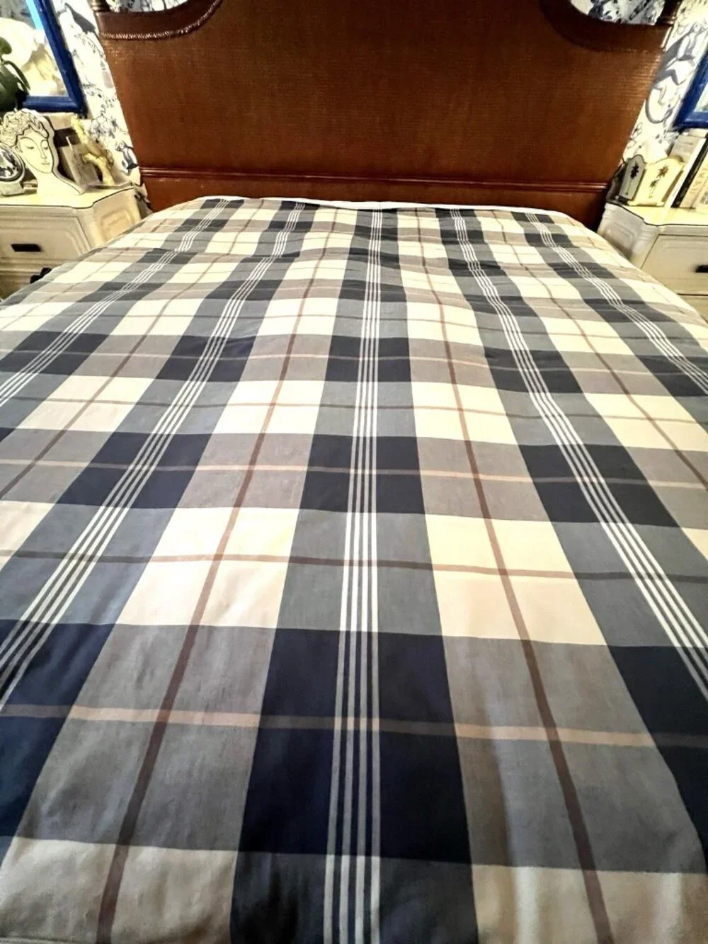Plaid Duvet Cover Full/Queen BLUE Tan Cream 83